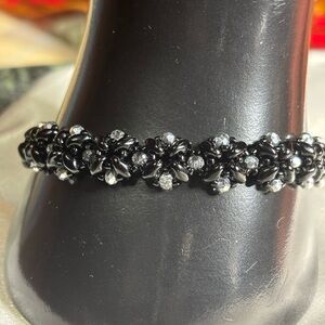Handcrafted Elegant Black Floral Bracelet adorned with crystals   8 inches